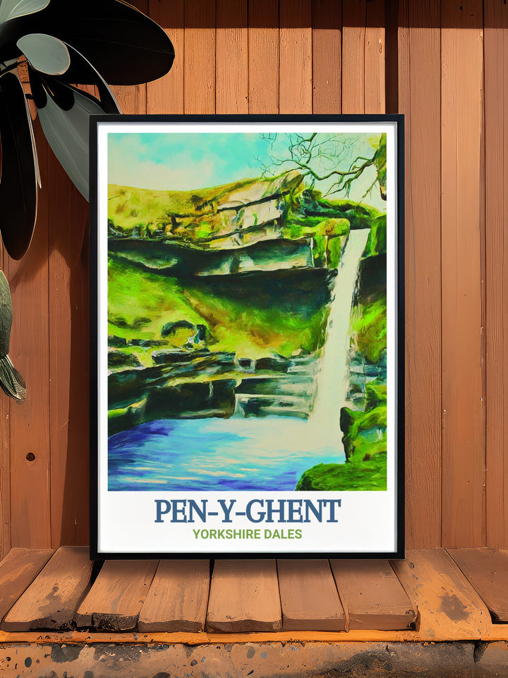 Yorkshire Dales travel poster showcasing the dramatic landscape of Hull Pot and Pen Y Ghent. This print brings the charm of Yorkshires natural beauty into your space, perfect for decorating living rooms, offices, or bedrooms. An ideal gift for outdoor lovers.