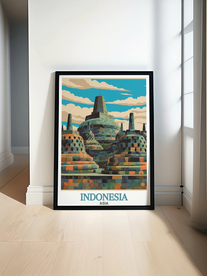 Borobudur Temple and Balis tropical scenes come together in this Indonesia travel poster. Perfect as a gift or for your personal space, this artwork captures the essence of Indonesias most famous landmarks in vivid detail.