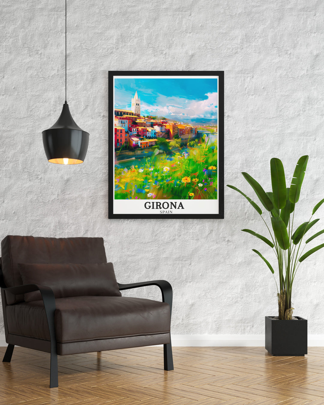 Stunning Girona travel print capturing the picturesque Onyar River and the imposing Girona Cathedral. The artwork reflects the unique blend of history, architecture, and natural beauty found in Girona, making it an ideal piece for those who appreciate the art of Spain