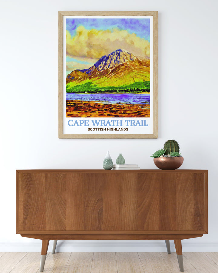 Ben Nevis Travel Print showcases the grandeur of Scotlands tallest peak, with its snow capped summit and surrounding wilderness. This travel print is ideal for adventurers and lovers of the Scottish Highlands, adding a touch of mountain majesty to your space.