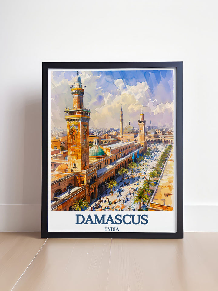 This Damascus travel print highlights the iconic Umayyad Mosque and Straight Street, offering a beautiful and artistic view of one of the worlds oldest cities. Ideal for home décor or as a travel inspired gift, this artwork adds cultural richness to any room.