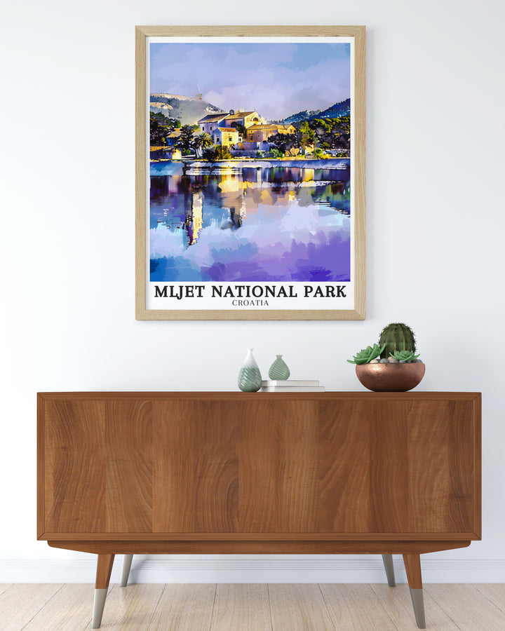 Travel print featuring Mljet National Park and St Marys Island offering a scenic view of the parks tranquil lakes and the historic Benedictine Monastery a thoughtful gift for anyone who loves Croatias natural and cultural treasures