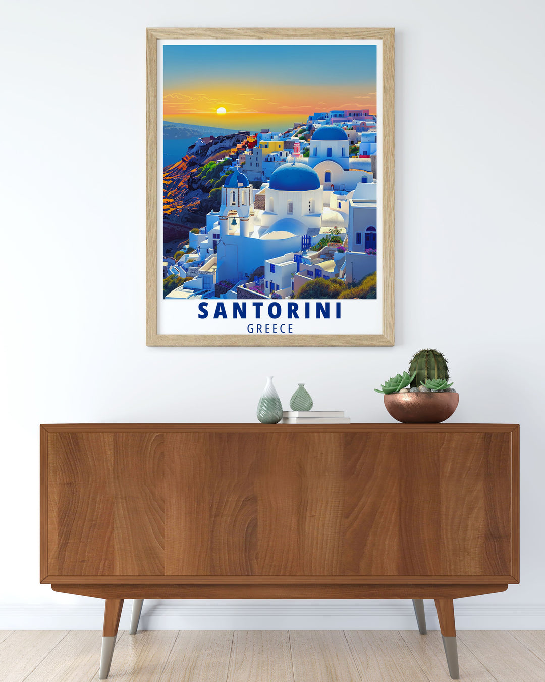 Detailed illustration of Oia, Santorini, highlighting its picturesque scenery and historic charm. Perfect for any Greece inspired art collection or home decor.