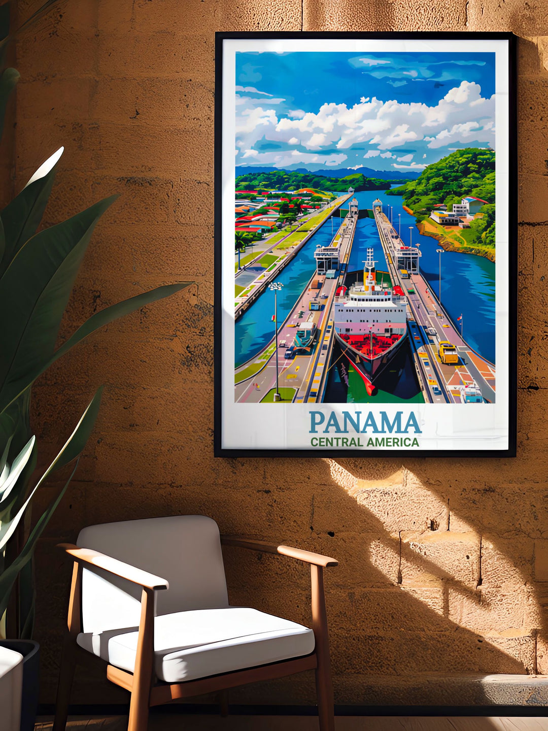 Panama Wall Poster featuring the Panama Canal and the picturesque landscapes of Central America. This travel print is a wonderful way to incorporate both history and tropical beauty into your home, making it perfect for beach decor or vacation memories.