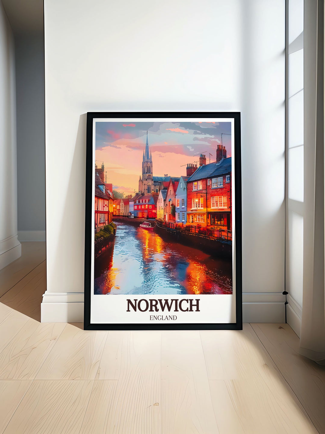 Blakeney Norfolk art print showcasing Blakeney Harbour with vibrant details perfect for any art and collectibles collection also includes the River Wensum Tudor buildings and The Norwich Cathedral ideal for stunning home decor.