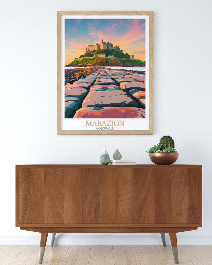 Celebrate the charm of Marazion Cornwall with our exquisite St. Michaels Mount art prints perfect for adding coastal elegance to your home decor these prints showcase the iconic beauty of St. Michaels Mount