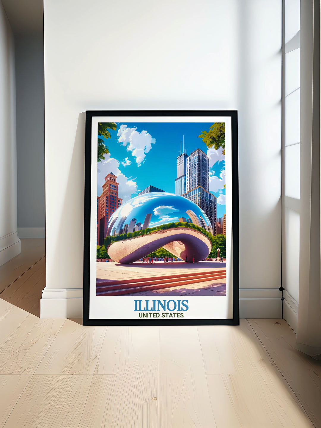 Celebrate Chicagos architectural heritage with this travel poster, featuring Millennium Parks iconic Cloud Gate and the citys renowned skyline. A great addition to any home, its perfect for fans of Illinois and urban art.