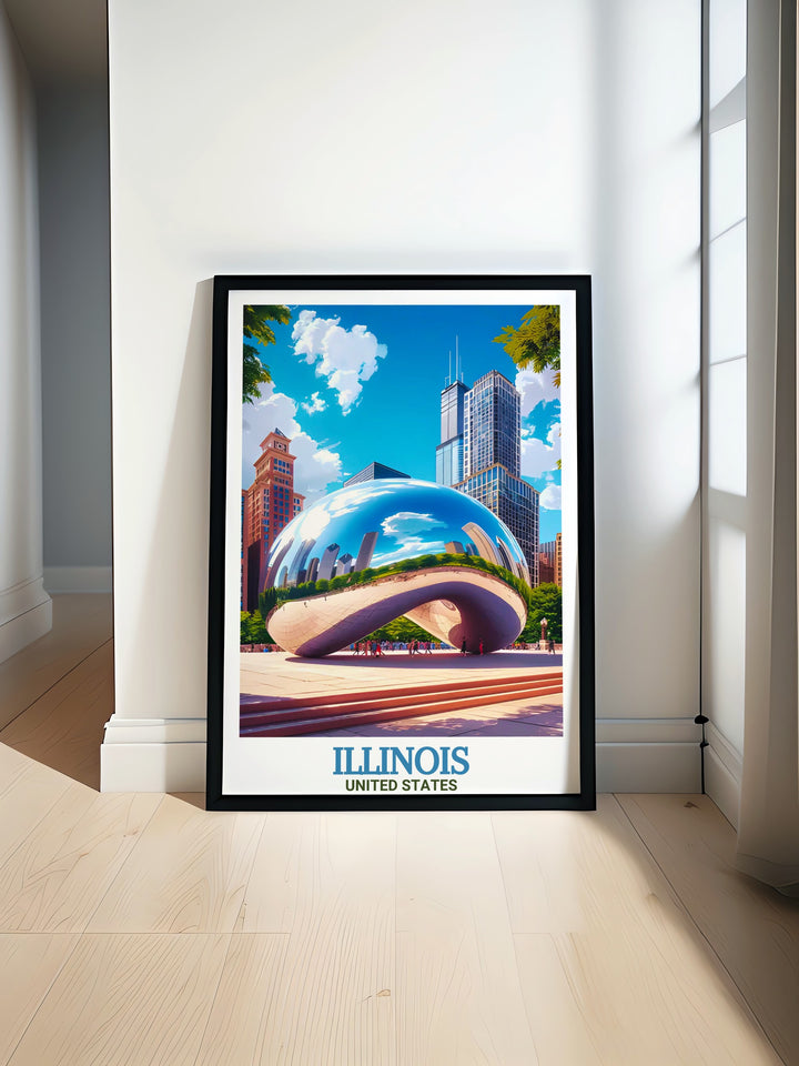 Celebrate Chicagos architectural heritage with this travel poster, featuring Millennium Parks iconic Cloud Gate and the citys renowned skyline. A great addition to any home, its perfect for fans of Illinois and urban art.