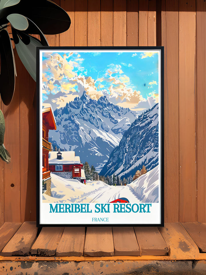 Elegant Saulire print featuring stunning views of the Meribel Ski Resort. This modern art piece enhances your home with alpine charm and is ideal for creating a cozy winter atmosphere.