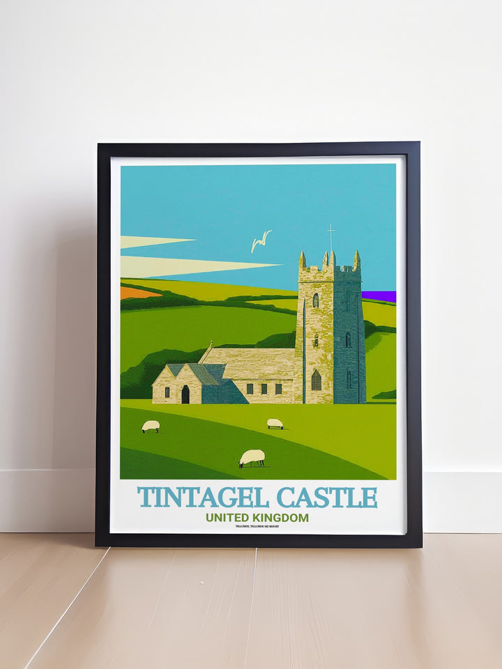 This Tintagel Castle Travel Print highlights the iconic Cornish ruins alongside St. Materianas Church, set against the stunning Atlantic coastline. The intricate details evoke the timeless legends of King Arthur and the peaceful countryside surrounding this famous site.