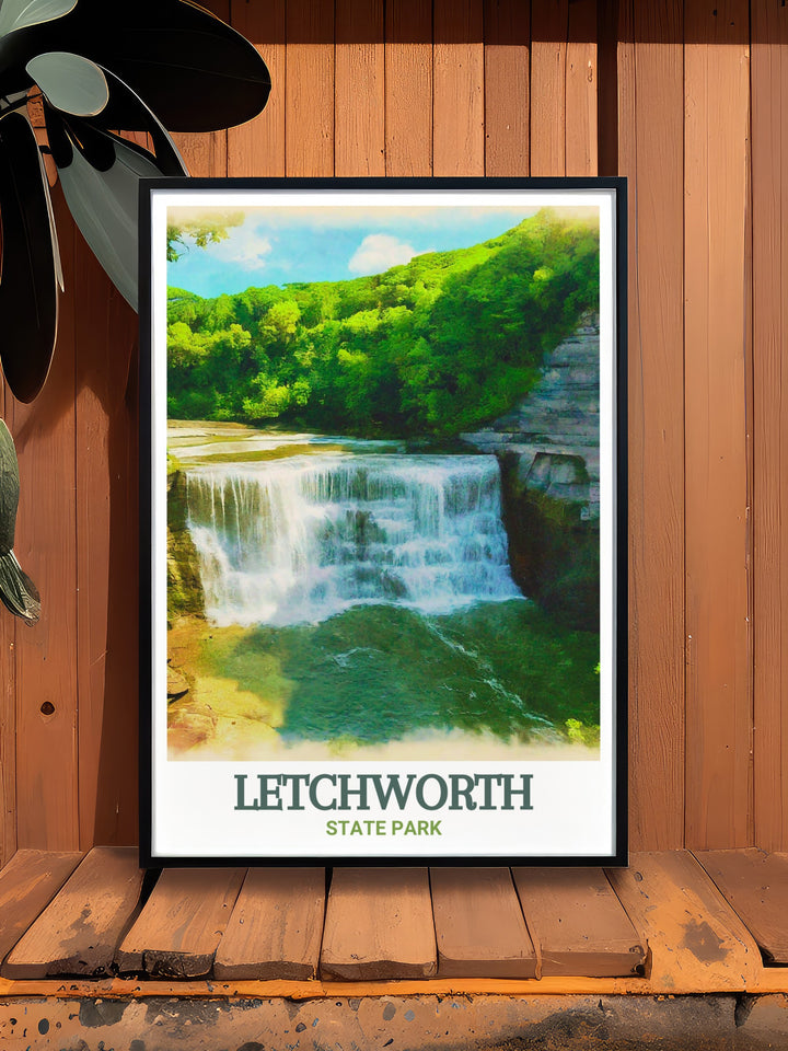 Scenic Lower Falls poster from Letchworth State Park, highlighting the captivating blend of cascading waters and verdant landscape. This exquisite artwork brings the dramatic beauty of Lower Falls into your living space, ideal for nature lovers and adventurers.