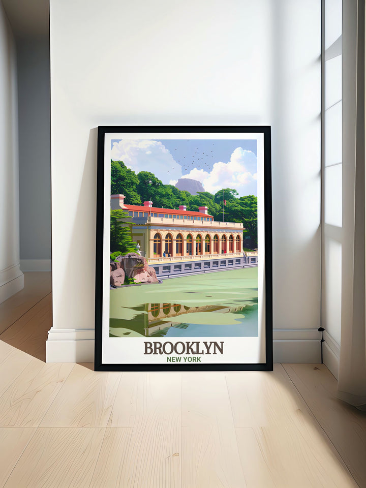 Prospect Park travel poster capturing the serene beauty of the iconic New York park perfect for wall art and home decor ideal for nature lovers and fans of New Yorks green spaces
