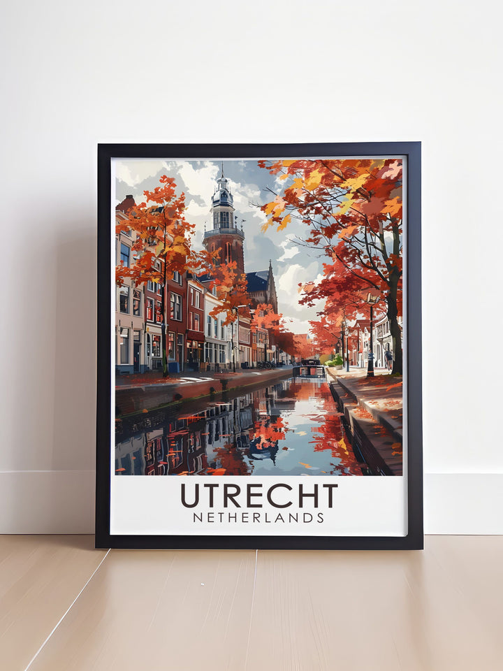 This Utrecht travel print features the famous Oudegracht Canal, with its charming bridges and historic buildings. The intricate details of the artwork make it a must have for anyone who appreciates the beauty of European cities.