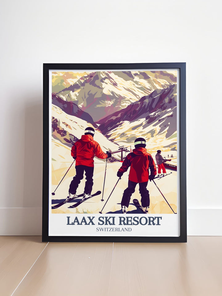 Flims Ski Poster featuring Crap Masegn and the renowned Flims Laax Falera ski area celebrates Switzerland skiing culture with rich colors and dynamic design perfect for a mountain inspired home or office decor.