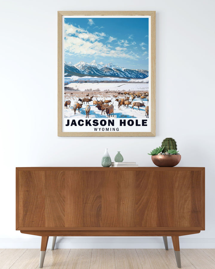 This art print depicts the picturesque Jackson Hole and the winter habitat of the National Elk Refuge, perfect for nature lovers and adventure seekers.