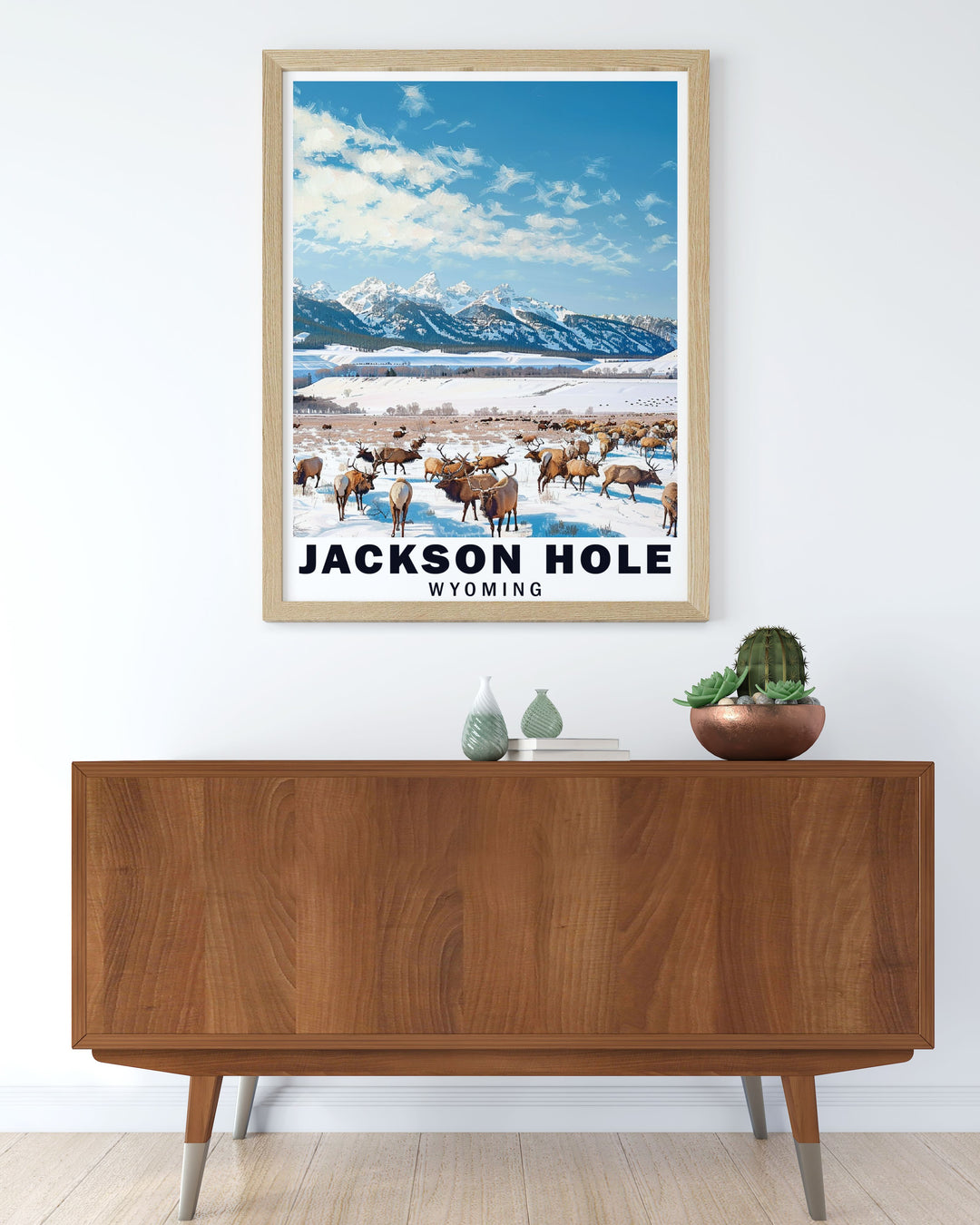 Experience the beauty of Wyoming with this Jackson Hole travel poster. Featuring the ski resort and the National Elk Refuge, this art print is a perfect addition to any home, offering a visual celebration of nature, wildlife, and adventure.