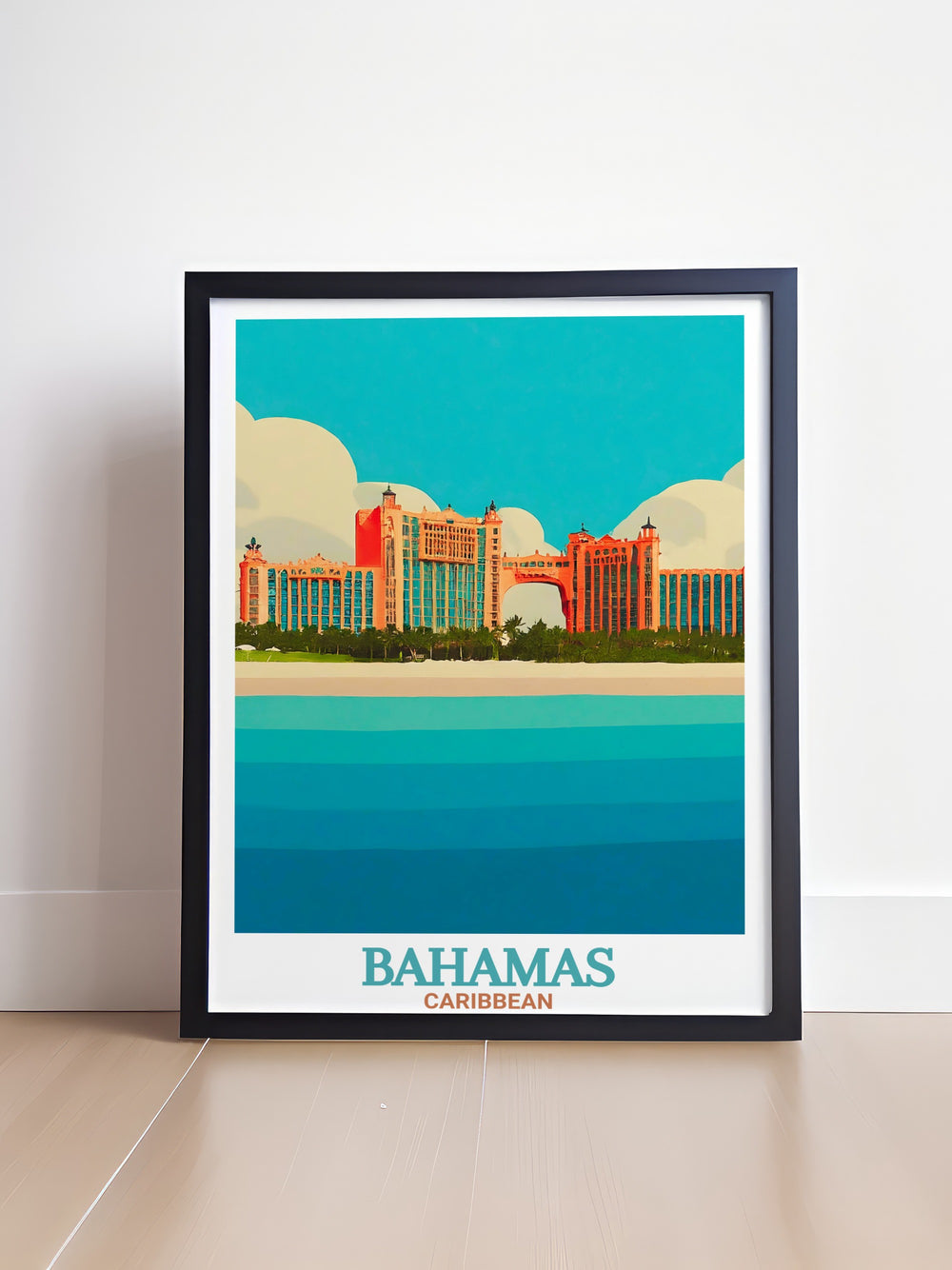 Caribbean Art Print features the luxurious Atlantis Paradise Island and its surrounding turquoise waters. The vivid colors and detailed illustration bring the beauty of the Bahamas into your home, making this travel poster a great gift for anyone who loves island life.