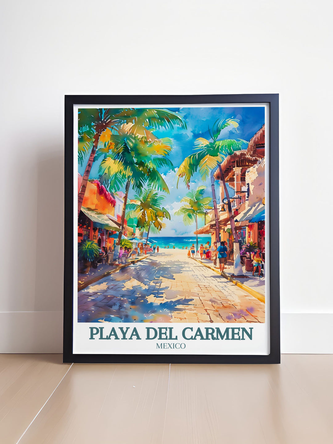 Mexico travel print depicting La Quinta Avenida and the Caribbean Sea bringing the essence of Playa Del Carmen to your home decor perfect for creating a relaxing and visually appealing space inspired by the Caribbean