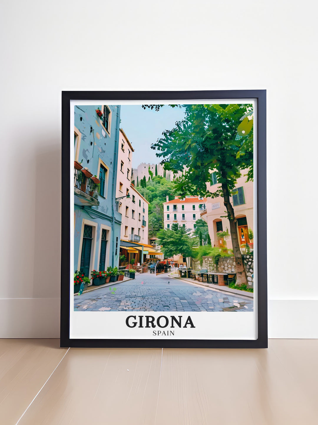 Vibrant Girona travel print depicting the enchanting Old Town of Girona in Catalonia, Spain. This Spain wall art highlights the unique blend of Gothic, Romanesque, and Baroque architecture that defines this historic district, making it a striking addition to any home