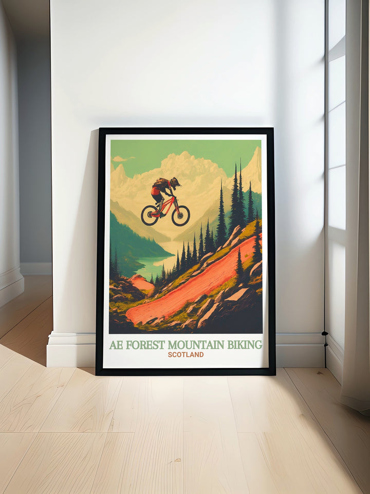 Scotland travel print focusing on the thrilling MTB Trails at Ae Forest. This poster captures the iconic features of the forest, making it a unique addition to cycling enthusiasts walls.