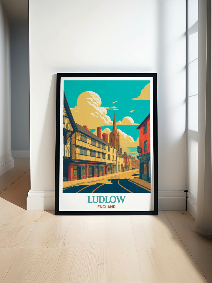 Celebrate the beauty of Ludlow with this Broad Street art print. The detailed illustration captures the charm of one of Englands most historic towns, making it a wonderful addition to your wall art collection.