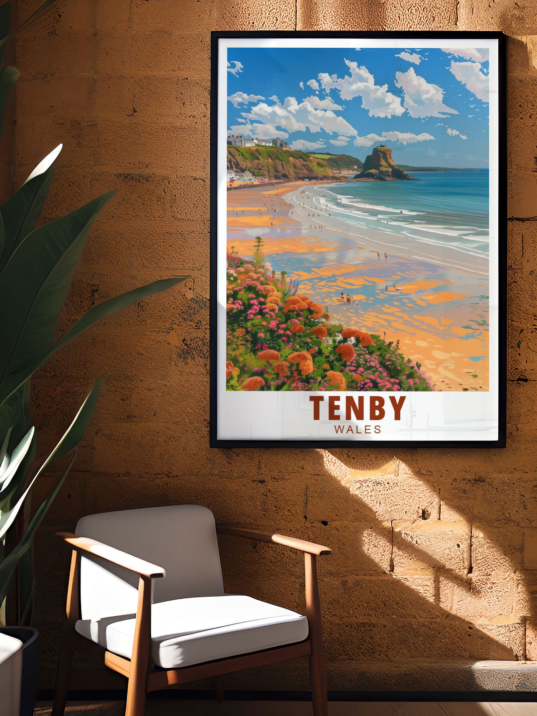 Tenby North Beach framed art print highlighting the scenic beauty of the Pembrokeshire Coast. Perfect for creating a relaxing atmosphere in any room this coastal artwork captures the essence of Tenby South Wales in a classic and stylish design.