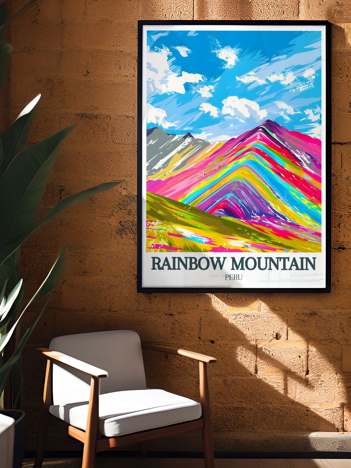 Modern Rainbow Mountain print showcasing the breathtaking beauty of the Cusco region Andes Mountains perfect for adding a touch of Peru to your home with vibrant wall art.