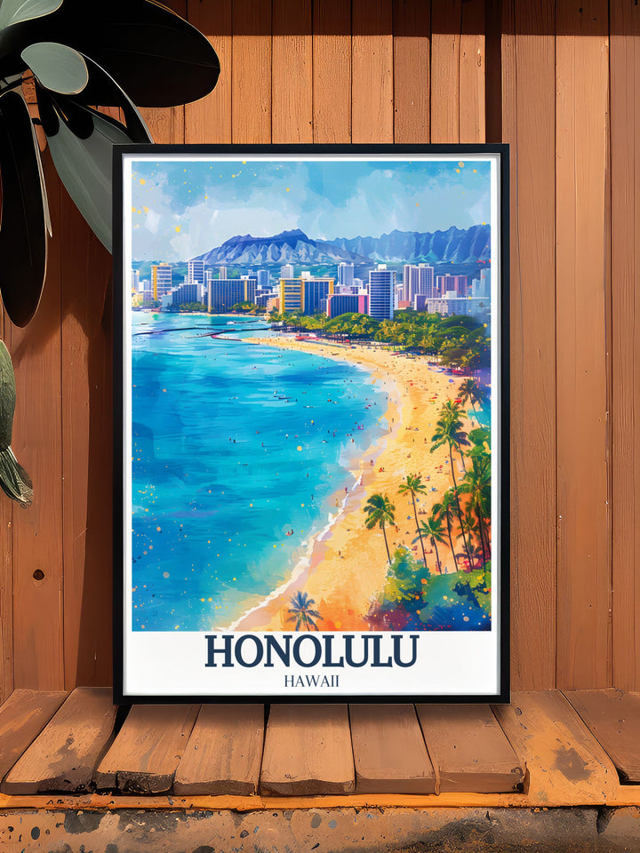 This Waikiki Beach poster showcases the beauty of Hawaiis most famous beach alongside the majestic Diamond Head Crater and Aloha Tower. Perfect for adding a touch of paradise to your home décor or as a gift for a Hawaii lover.