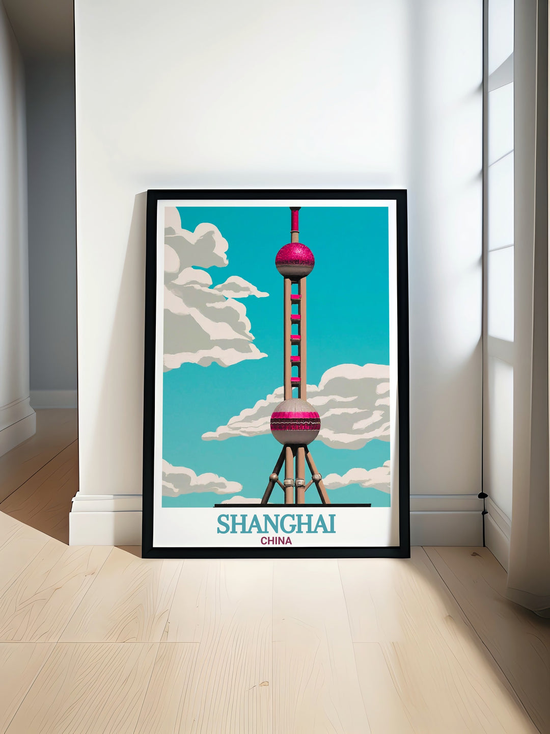 Bring the magic of Shanghai to your walls with this travel poster featuring the Oriental Pearl Tower. The vivid depiction of the citys skyline captures the essence of Chinas urban landscape, making it a great gift for travelers and art lovers.