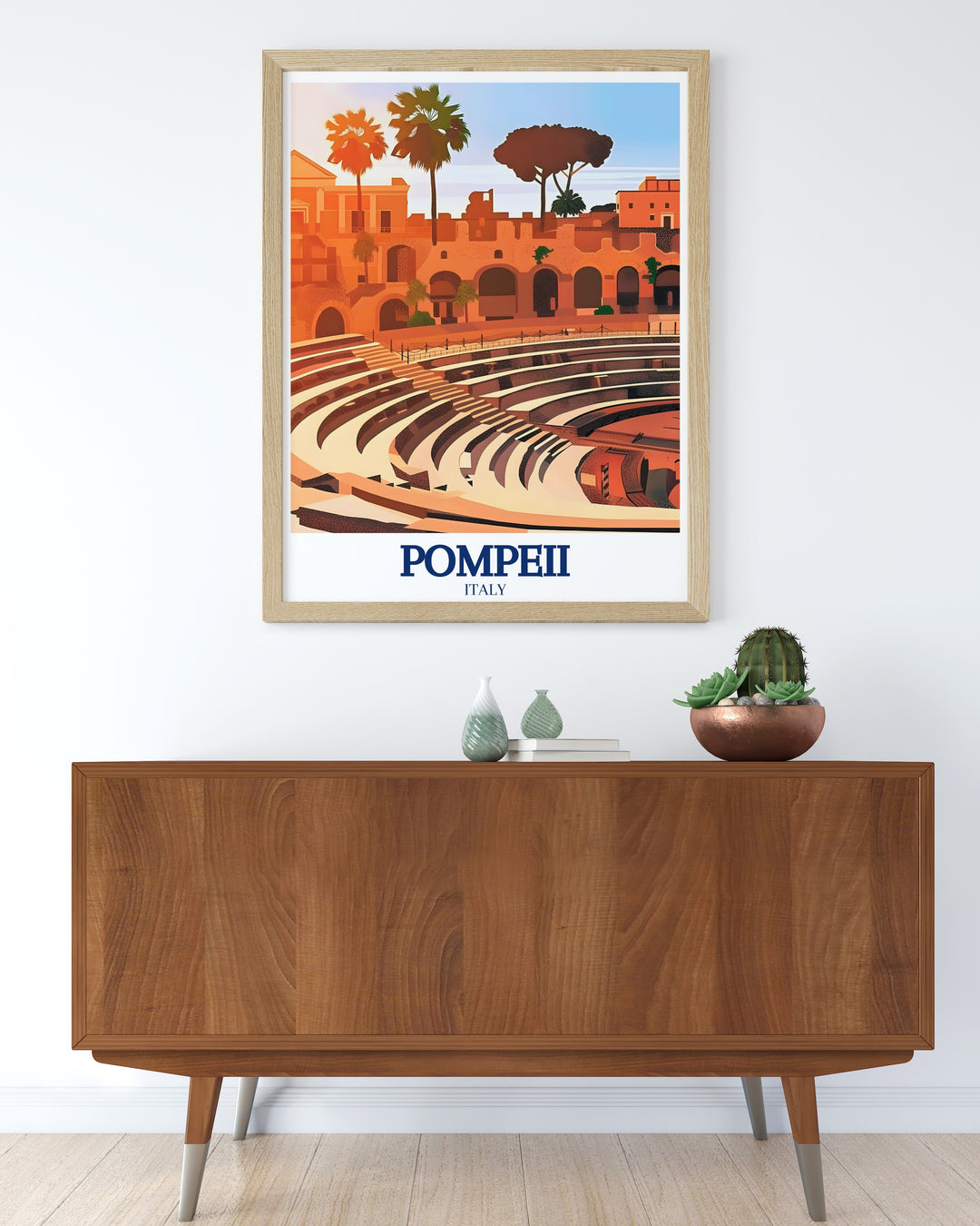 Pompeii travel print illustrating the detailed ruins of the Herculaneum Gate and Amphitheatre, offering a perfect blend of history and art. This wall poster is a must have for those who dream of exploring the ancient wonders of Pompeii and Rome.