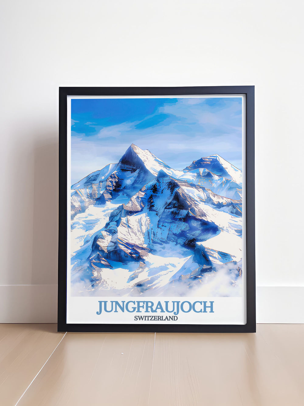 This travel print of Switzerlands Jungfraujoch, Eiger, and Mönch peaks offers a stunning view of the countrys most famous mountains. Perfect for adventurers and travelers, this poster adds a touch of alpine beauty to any room.