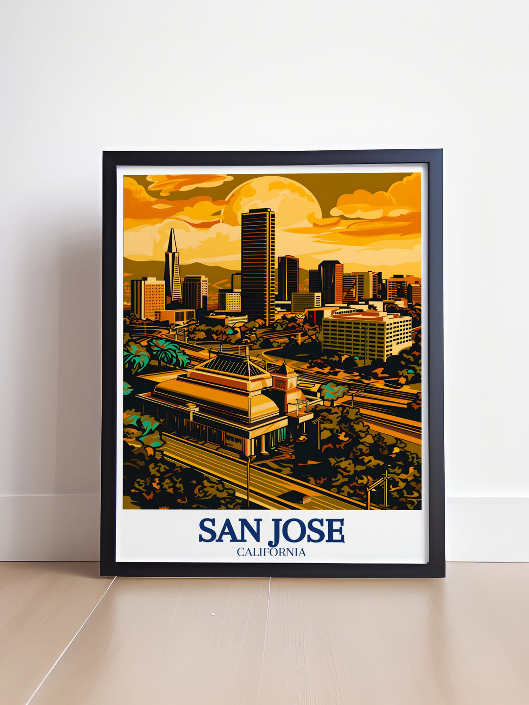 A vibrant wall art print featuring San Jose, Silicon Valley, and the San Francisco Bay Area. This artwork brings together innovation, history, and stunning views of Californias iconic landscapes. A perfect piece for your home or a special gift.