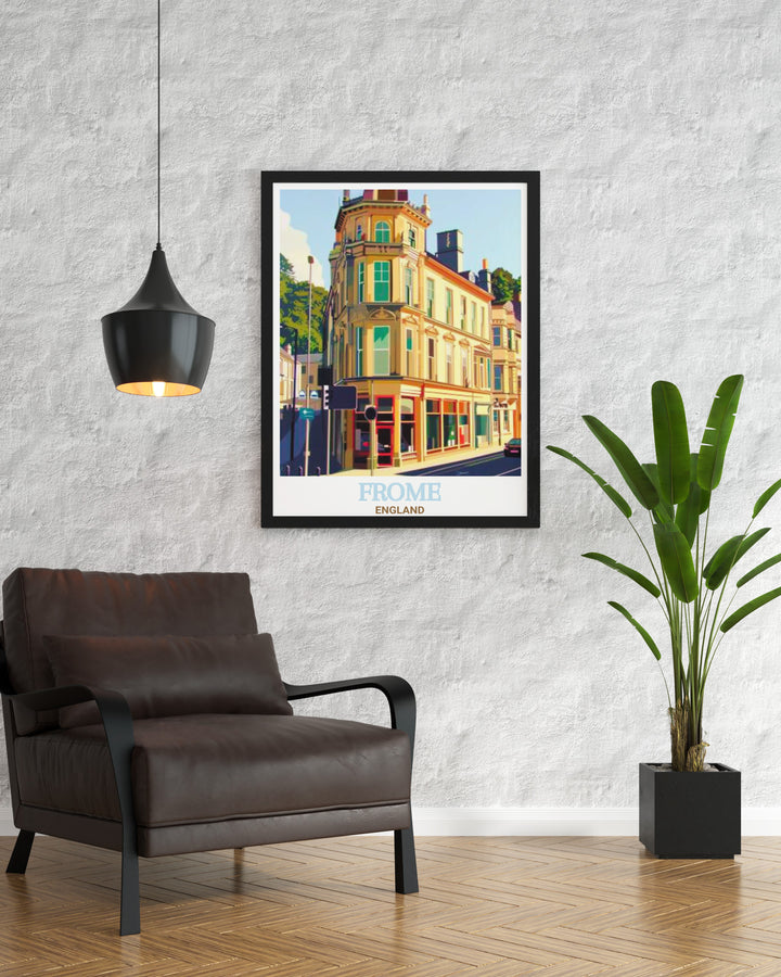 Frome art print capturing the historic charm of Frome Museum, an iconic cultural landmark in Somerset. This poster print offers a beautiful glimpse into the heart of the towns artistic and historical heritage, perfect for UK wall decor or as a thoughtful travel gift.