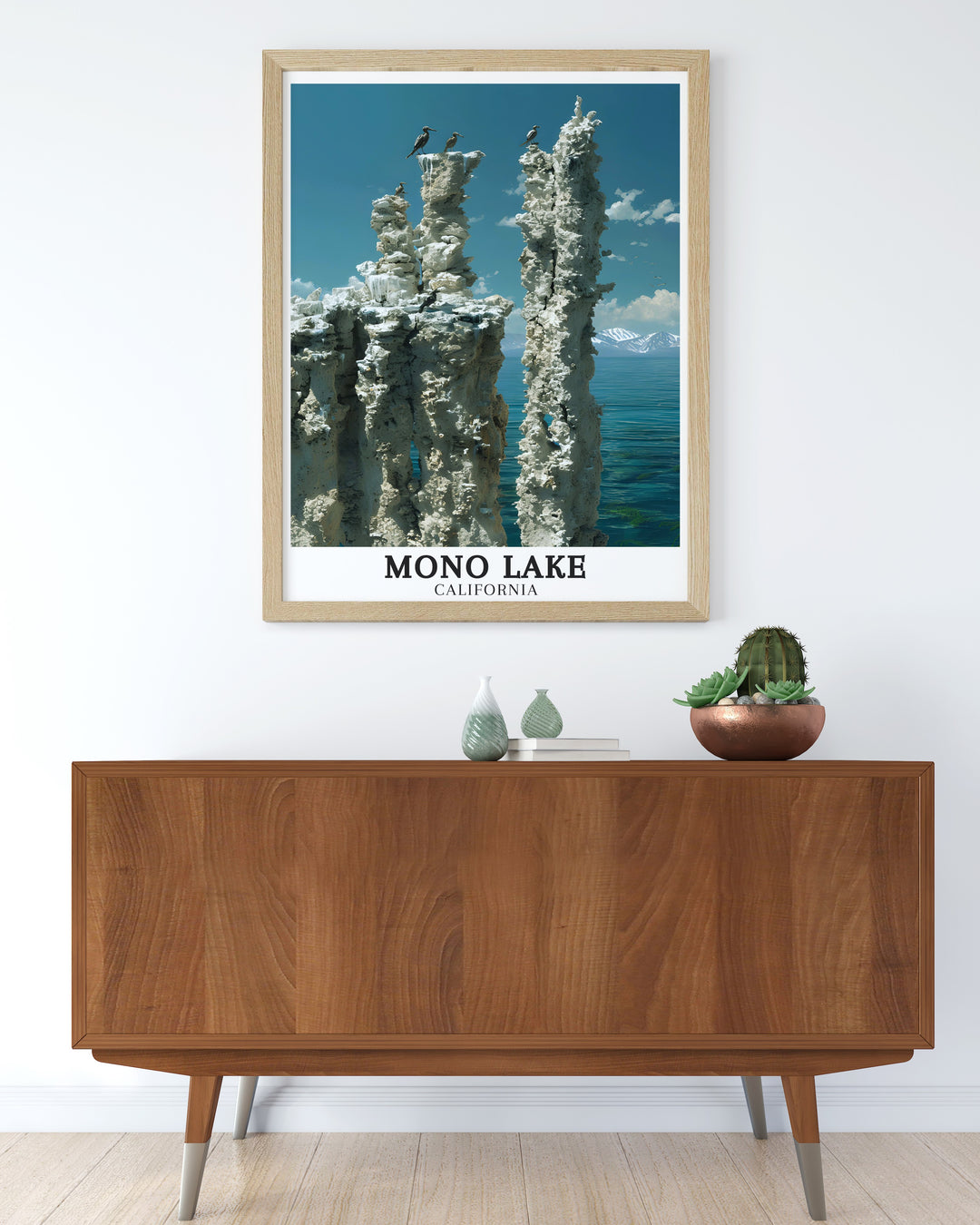 Mono Lake Poster with Tufa towers and Sierra Nevada Mountains offering an elegant view of Californias natural wonders. This piece of California travel art is perfect for those seeking unique decor and gifts inspired by nature.