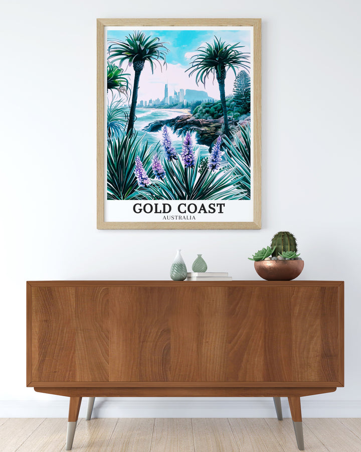 The Burleigh Heads travel poster brings the rugged beauty of one of Queenslands most iconic coastal parks into your home. Featuring the parks breathtaking views, this poster is ideal for anyone who appreciates natures raw beauty and loves the Gold Coasts unique mix of beach and forest landscapes.