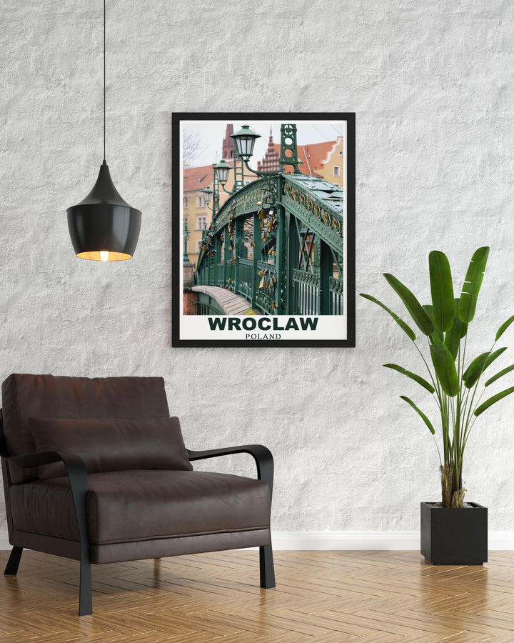 This Wroclaw poster print beautifully showcases the enchanting Tumski Bridge, connecting the charming Cathedral Island to the city. The artwork captures the intricate details of the bridge against the serene Odra River, making it a perfect addition to any Poland themed collection.