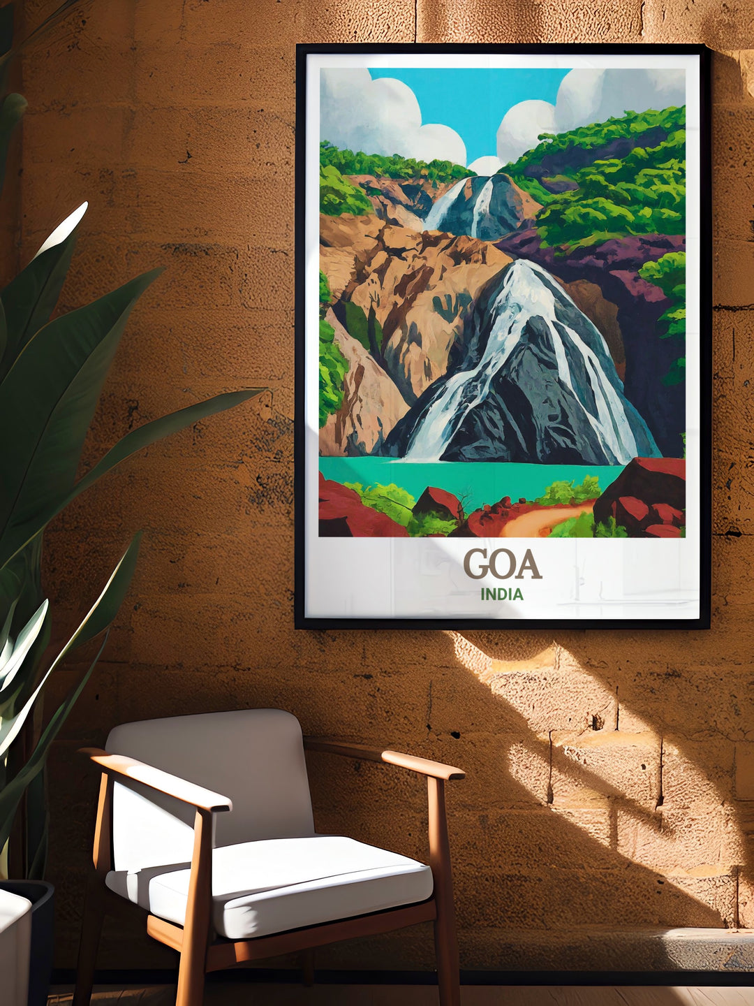 Dudhsagar Falls wall art capturing the awe inspiring beauty of this iconic waterfall in Goa, India. The intricate details of the cascading water and the surrounding greenery make this print a striking focal point in any room, perfect for adding a touch of natures majesty to your decor.