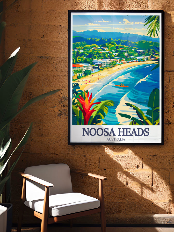 Noosa Everglades Travel Print displaying the lush greenery and water channels of the Everglades alongside Noosa Heads bustling Main Beach. This art print captures the diversity of the Sunshine Coasts landscapes, perfect for anyone looking to bring a piece of tropical Australia into their home.