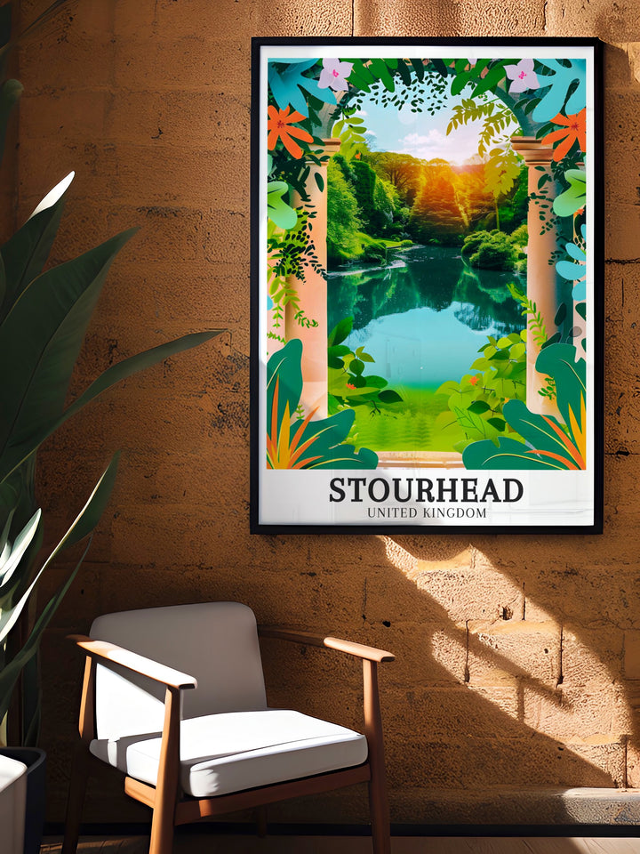 Stourhead Gardens Art Print featuring the picturesque Temple of Flora in Wiltshire, showcasing the beauty of 18th century English landscape design, perfect for enhancing any home decor.