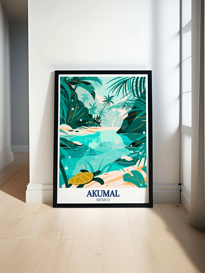 Fine line print of Akumal Bay Sea Turtle site showcasing vibrant colors and intricate details perfect for modern home decor and gifts for friends