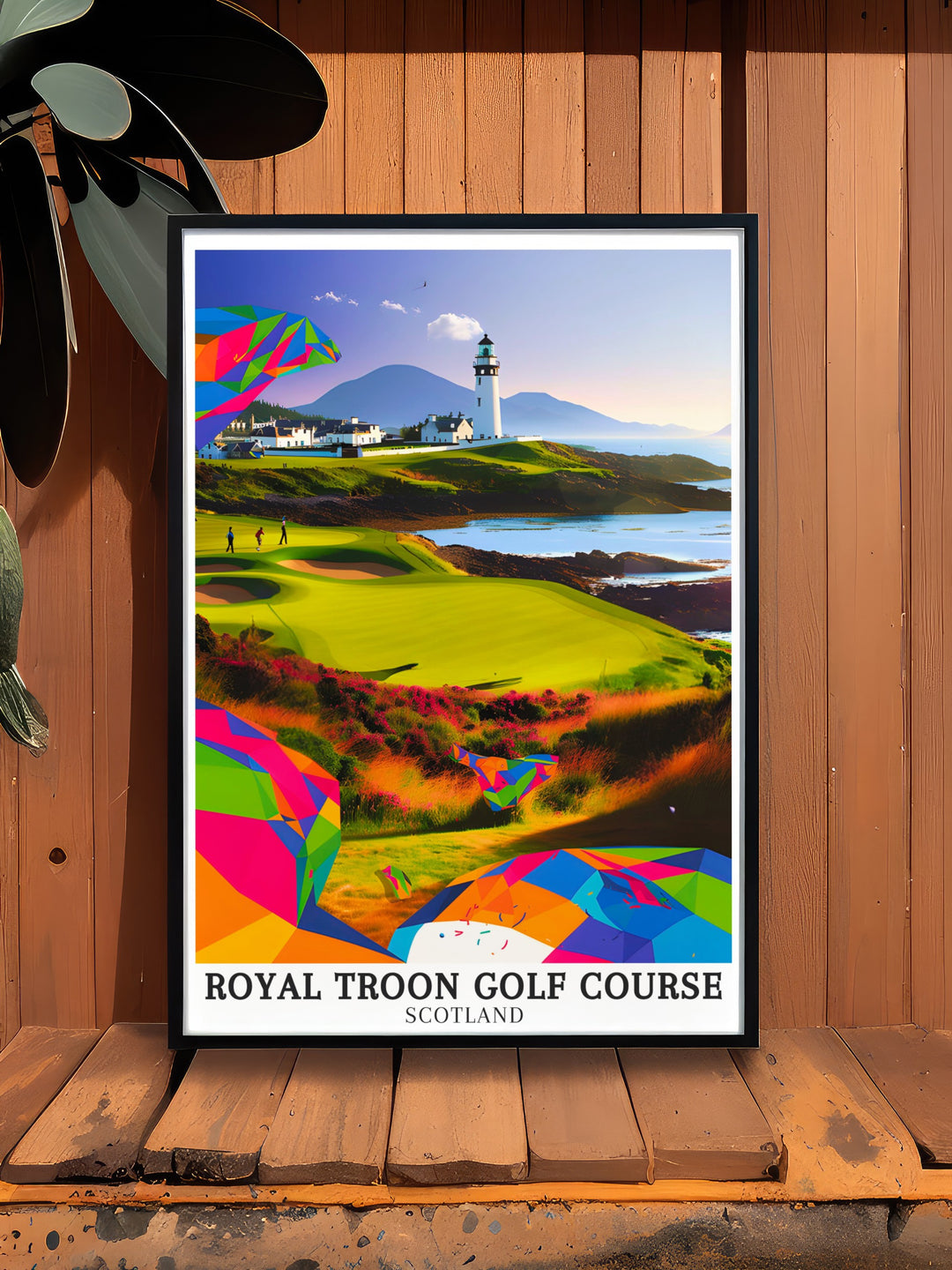 Royal Troon golf course poster featuring the stunning Ayrshire coastline and Isle of Arran perfect for golf enthusiasts and as a gift for golfers who admire open golf tournaments in Scotland from Royal Dornoch to Augusta National