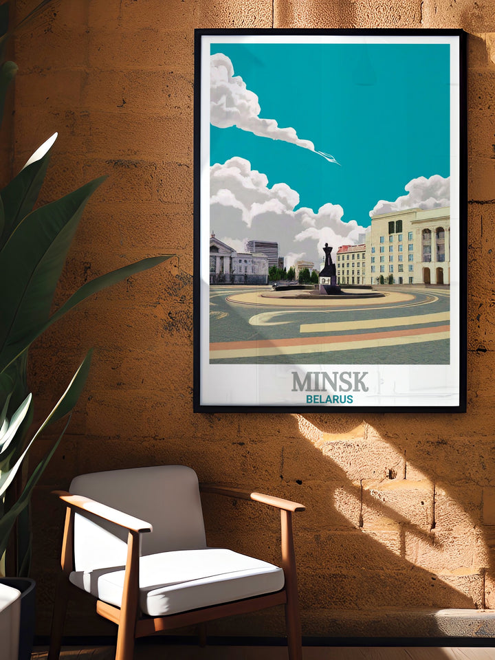 This Belarus art print beautifully depicts Minsks Independence Square, combining modern architecture with a vintage inspired design. Perfect for adding a touch of elegance to your home, this travel poster brings the cultural and historical charm of Belarus into any space.