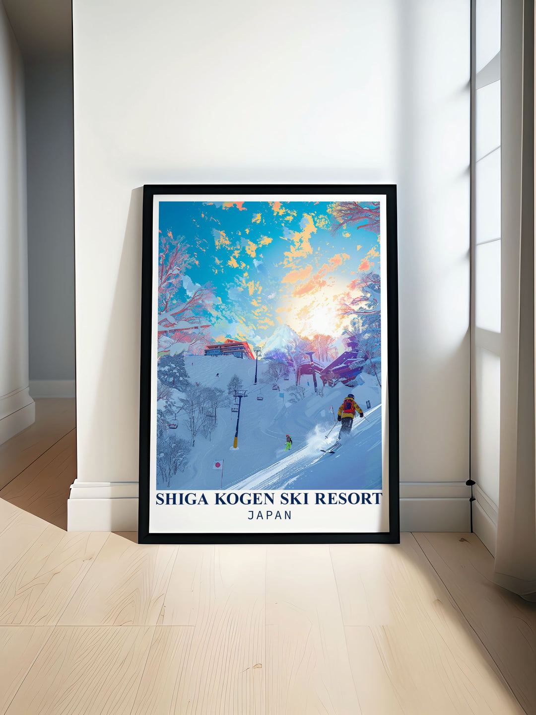 Highlighting the snow drenched beauty of Shiga Kogen Ski Resort, this travel poster portrays the exhilarating experience of skiing in Japan. The artwork brings the vibrant atmosphere of the resort to life with its dynamic colors and meticulous details, ideal for adding energy and adventure to your wall decor.