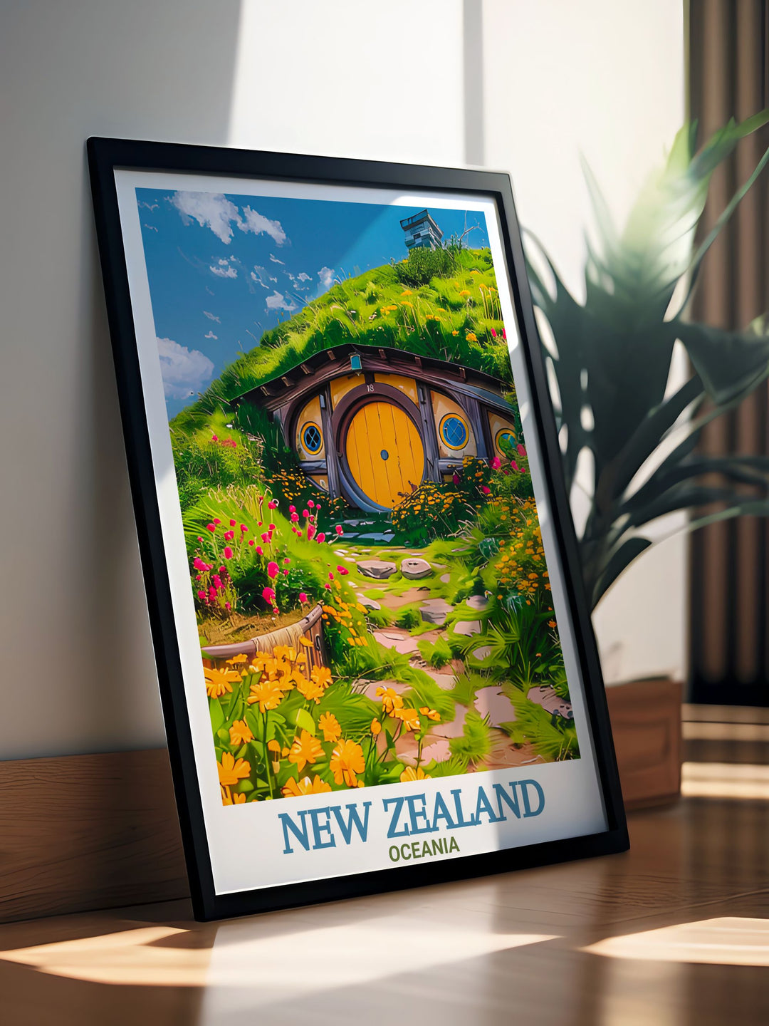 Framed print of New Zealands Akaroa Lighthouse and the Hobbiton Movie Set capturing the diverse landscapes of this beautiful country perfect for home decor or bucket list prints that evoke adventure and wanderlust.