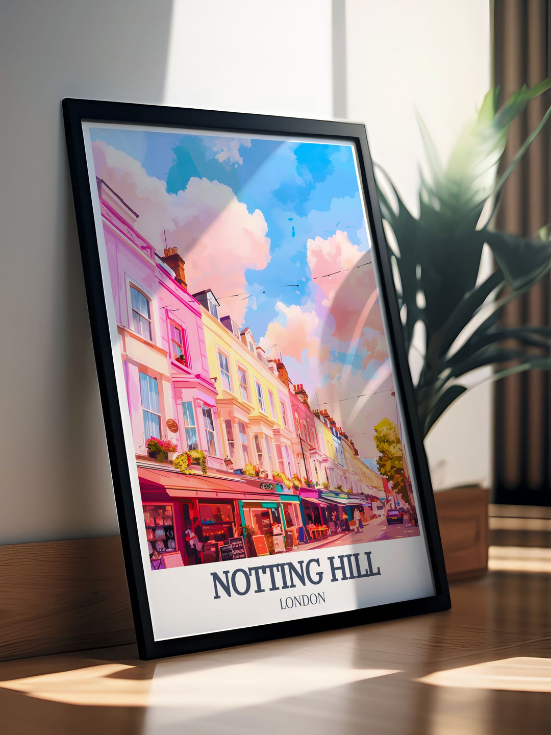 Notting Hill Wall Art capturing the colorful architecture and lively atmosphere of Portobello Road Market. This travel poster brings Londons iconic neighborhood to life, making it a great choice for gifts or personal décor.