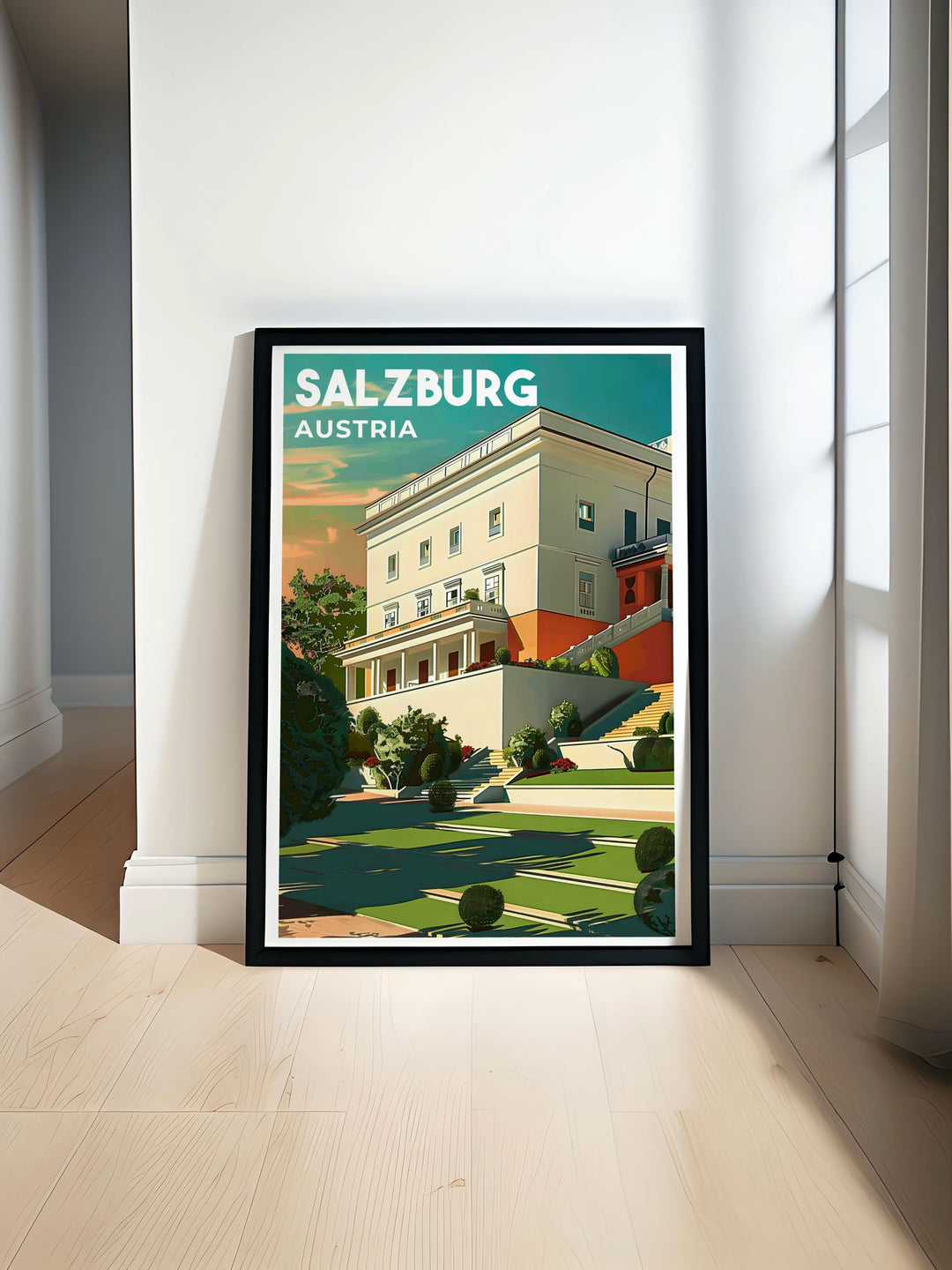 Zauchensee skiing and Mirabel Palace in Salzburg featured in a vibrant vintage travel print. Perfect for home decor, this print captures the thrill of skiing and the elegance of Austrian architecture. Ideal for travel enthusiasts and art collectors.