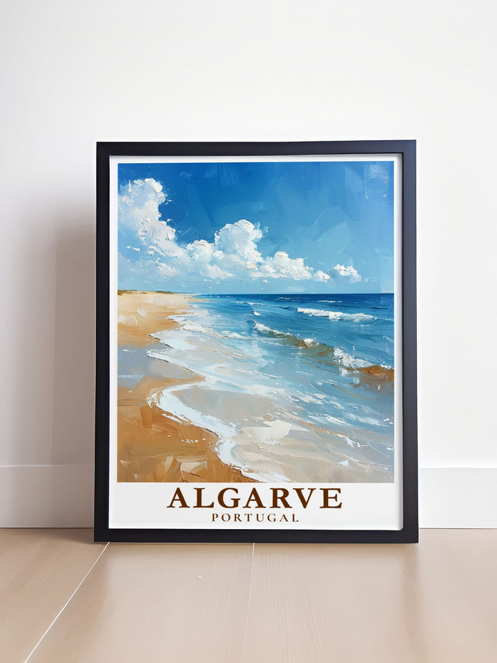 This travel poster captures the picturesque Algarve Beach in Portugal, showcasing its stunning cliffs and turquoise waters, perfect for adding a touch of coastal beauty to your decor.