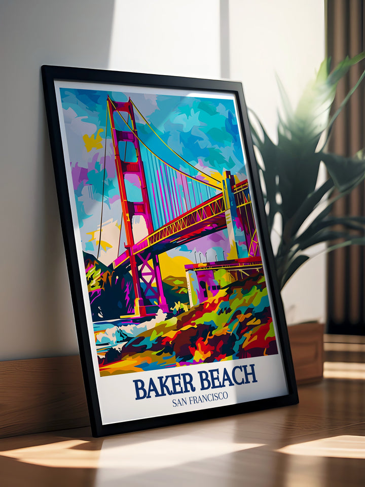 Baker Beach Travel Poster focusing on the serene beauty and iconic landmarks of San Franciscos coastline, including the Golden Gate Bridge and the Pacific Ocean. This custom print captures the essence of Californias coastal allure, making it a standout piece in any decor