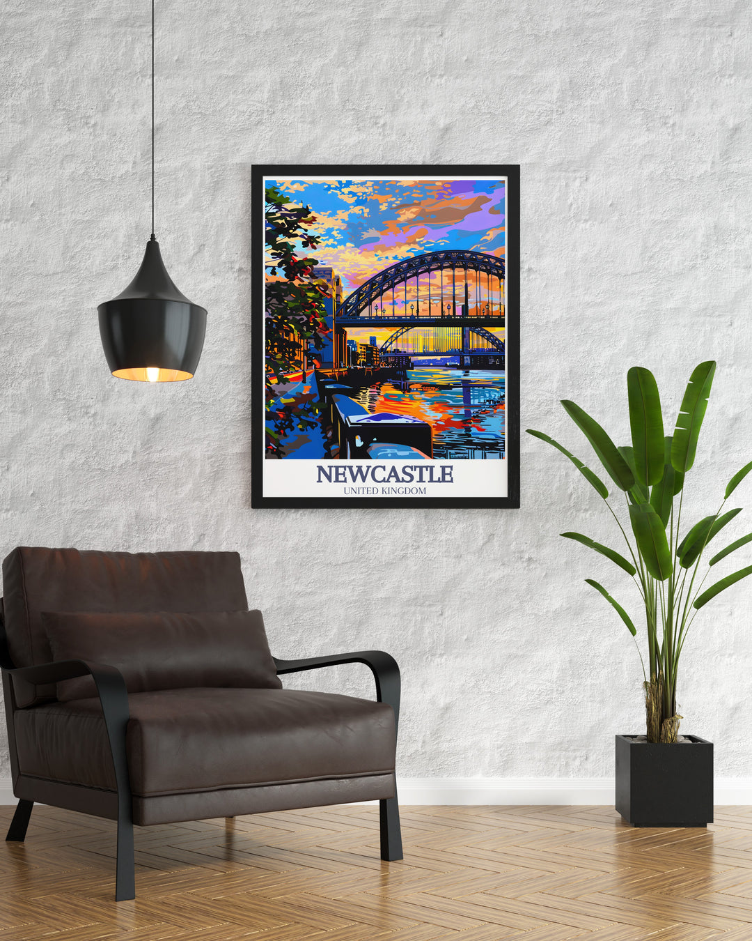 Newcastle poster print featuring the iconic Tyne Bridge and the vibrant Quayside District. This travel print is an ideal canvas art piece to elevate your home decor, while celebrating these beloved UK landmarks. Makes a great addition to any travel art collection.