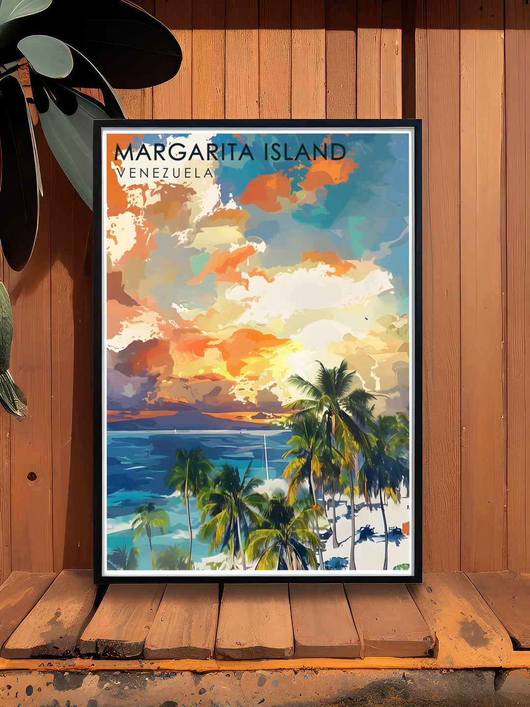 Our retro travel print showcases the majestic Angel Falls alongside the tranquil beaches of the Margarita Islands. This framed art makes a perfect gift for those who dream of exploring Venezuelas natural beauty.